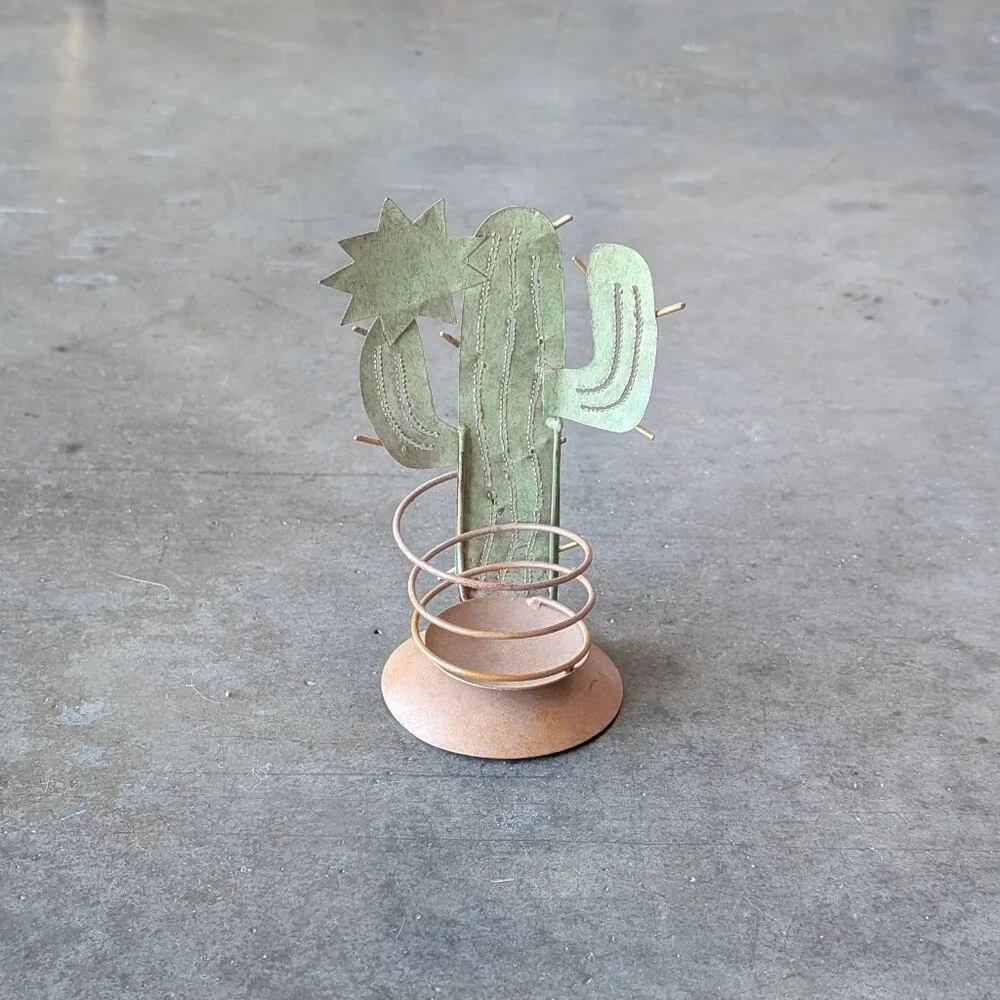Green Cactus and Yellow Sun Metal Candle Holder Southwest Home Decor